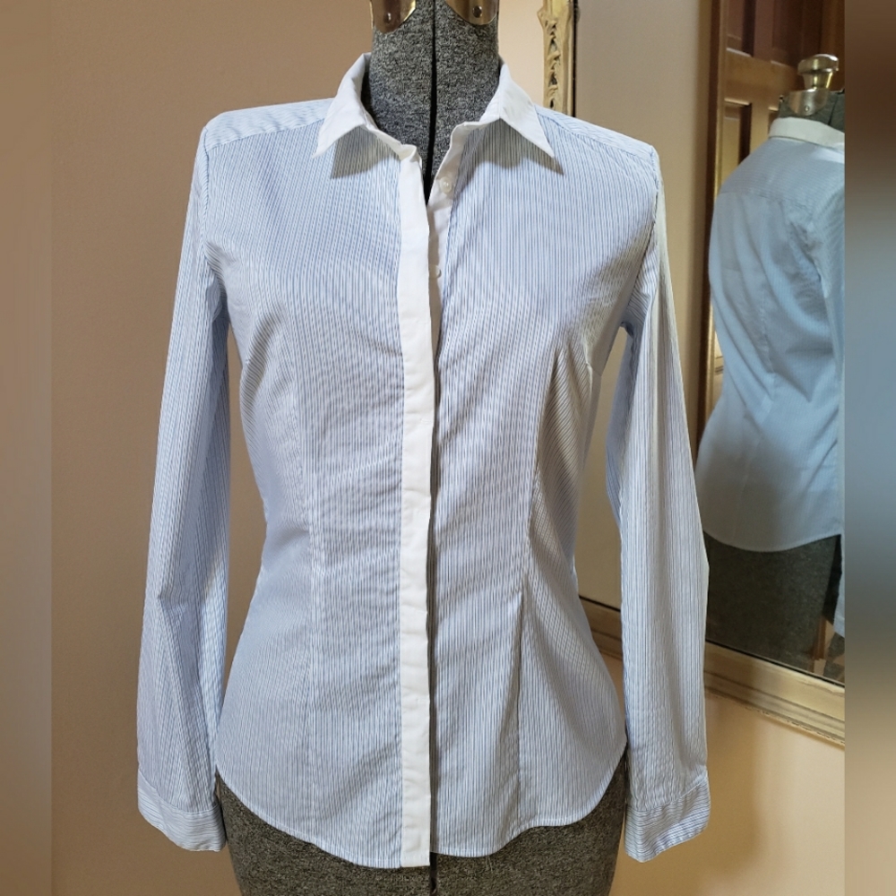 Long Sleeve White Striped Button Down Suit Feminine Fit Top Fits like Womens XS